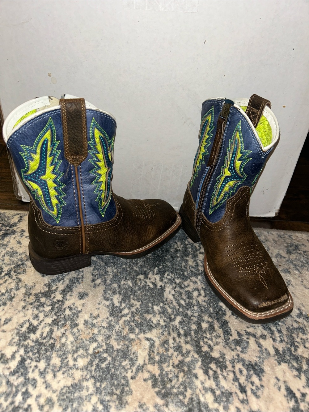 Ariat Kids Size 8 Brown Leather Western Boots with Blue and Neon Green Accents